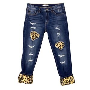 KanCan Distressed Mason Mid Rise Leopard Skinny Ankle Jeans Womens 13 30 Patch
